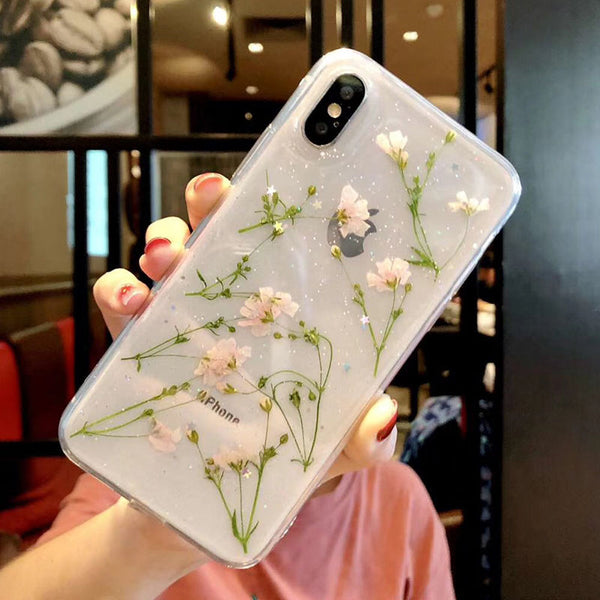 Real Flowers Dried Flowers Soft TPU Phone Case For iPhone X XS XR XS Max 6 6S 7 8 Plus Case Transparent beautiful Back Cover